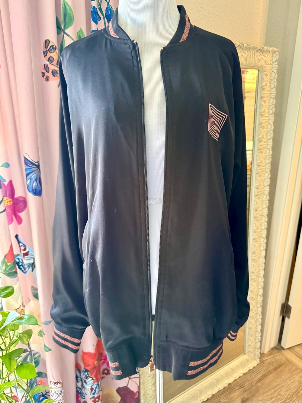 Lularoe Stevie Bomber Jacket Black & Rose Gold Chic Lightweight Size Large